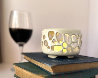Handmade Ceramic Luminary: Bone White, Modern, Geometric Carving