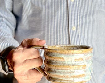 Wheelthrown XL Bespoke Mug: Modern Profile, Extra Large, Drippy Off-White with Pale Blue Highlights.