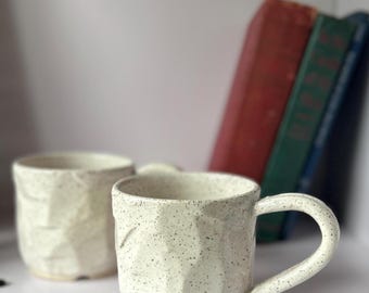 Handmade Mugs (Pair): Speckled Clay, Soft White Glaze, Carved Texture