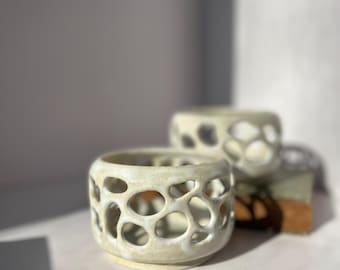 Handmade Ceramic Luminary: Bone White, Modern, Geometric Carving