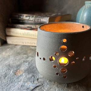 Handmade small luminary, rustic gray clay, abstract modern startburst pattern. Thrown on potters wheel. hand-carved. Small batch pottery. image 1