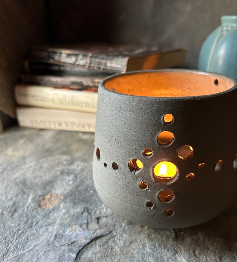 Handmade small luminary, rustic gray clay, abstract modern startburst pattern. Thrown on potters wheel. hand-carved. Small batch pottery. image 1