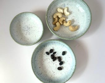 Handmade Blue-Green Tiny Bowls, Set of 3: For Trinkets, Jewelry, Charcuteries. Food safe.