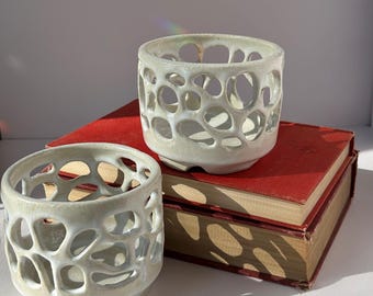 Handmade Ceramic Luminaries (pair): Bone White, Modern, Geometric Carving