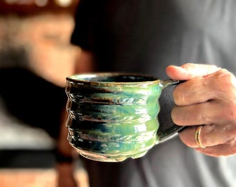 Seaweed Green Large Stoneware Mug: Handmade, Modern Profile