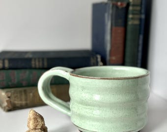 Wheelthrown Ceramic Stoneware Mug:  Retro Celery Green with Dusty Brown Highlights, Modern Profile.