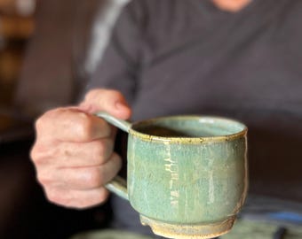 Handmade Ceramic Mug: Turquoise Blue-Green, Speckled Clay, Minimalist Profile.