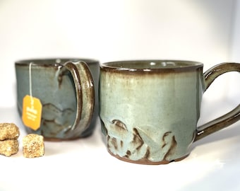 Handmade Ceramic Mugs, Rustic Blue Glaze, Carved Clay Handles (Pair)