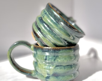 Handmade Earthy Brown and Seaweed Green Mugs (Pair): Extra Large, Wheelthrown, Modern Profile