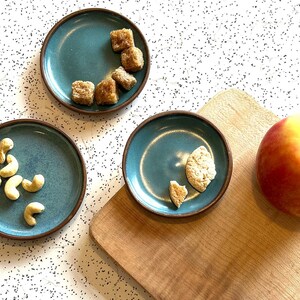 May include: Three teal ceramic plates with brown rims are arranged on a speckled white surface. One plate holds cashews, another has small cubes, and the third has a cookie. A red and yellow apple and a wooden chopping board are also present.