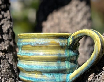 Handmade Turquoise and Seaweed Green Mugs (Pair): Extra Large, Wheelthrown, Modern Profile