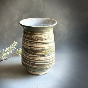 Marbled bud vase, small 4.75 H, handmade agateware clay, thrown on potters wheel with greens and dark blue, in earthy speckled white clay image 1