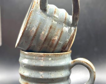 Handmade Gray-Blue Mugs (Pair): Modern Profile with Rustic Speckled Clay