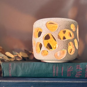 Small modern handmade ceramic luminary, natural white speckled clay. Abstract shapes. Great for summer outdoors. Free shipping.