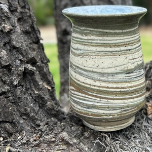 Marbled bud vase, small 4.75 H, handmade agateware clay, thrown on potters wheel with greens and dark blue, in earthy speckled white clay image 6