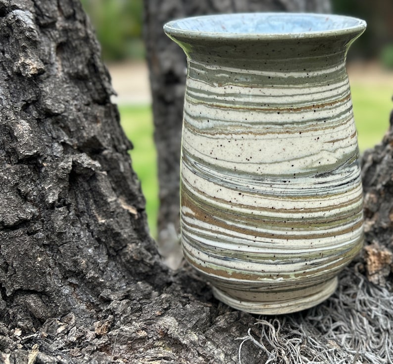 Marbled bud vase, small 4.75 H, handmade agateware clay, thrown on potters wheel with greens and dark blue, in earthy speckled white clay image 6