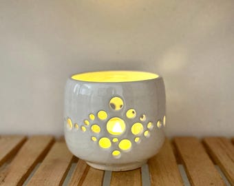 Handmade Ceramic Luminary: Bone White, Modern "Starburst" Carving