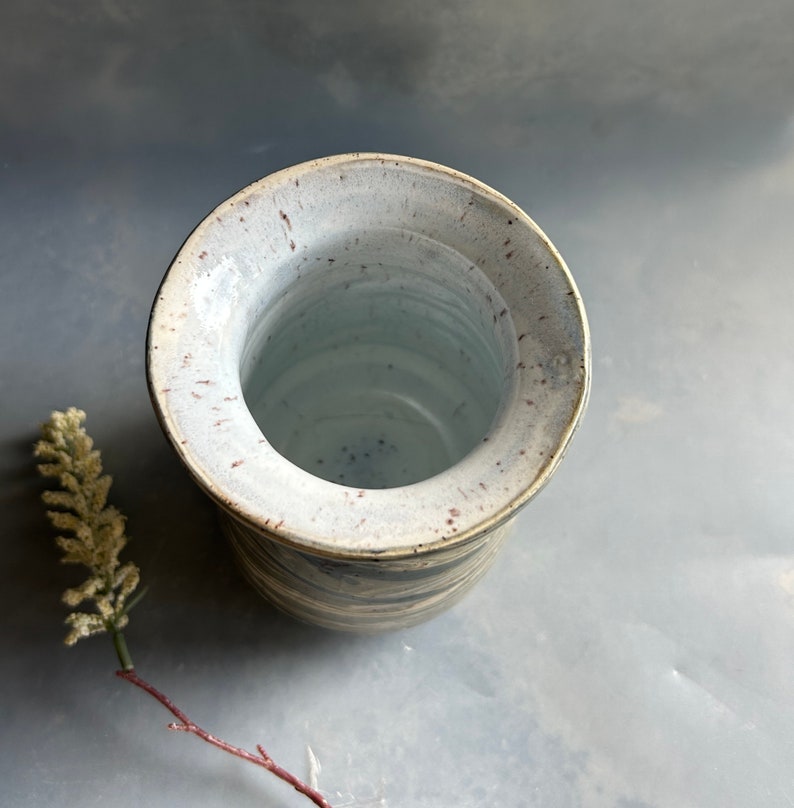 Marbled bud vase, small 4.75 H, handmade agateware clay, thrown on potters wheel with greens and dark blue, in earthy speckled white clay image 5