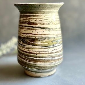 Marbled bud vase, small 4.75 H, handmade agateware clay, thrown on potters wheel with greens and dark blue, in earthy speckled white clay image 2