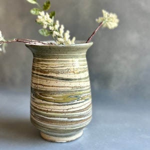 Marbled bud vase, small 4.75 H, handmade agateware clay, thrown on potters wheel with greens and dark blue, in earthy speckled white clay image 3