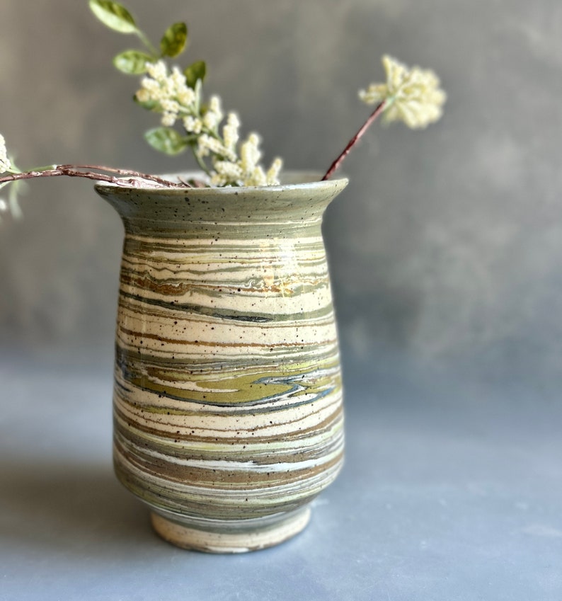 Marbled bud vase, small 4.75 H, handmade agateware clay, thrown on potters wheel with greens and dark blue, in earthy speckled white clay image 3