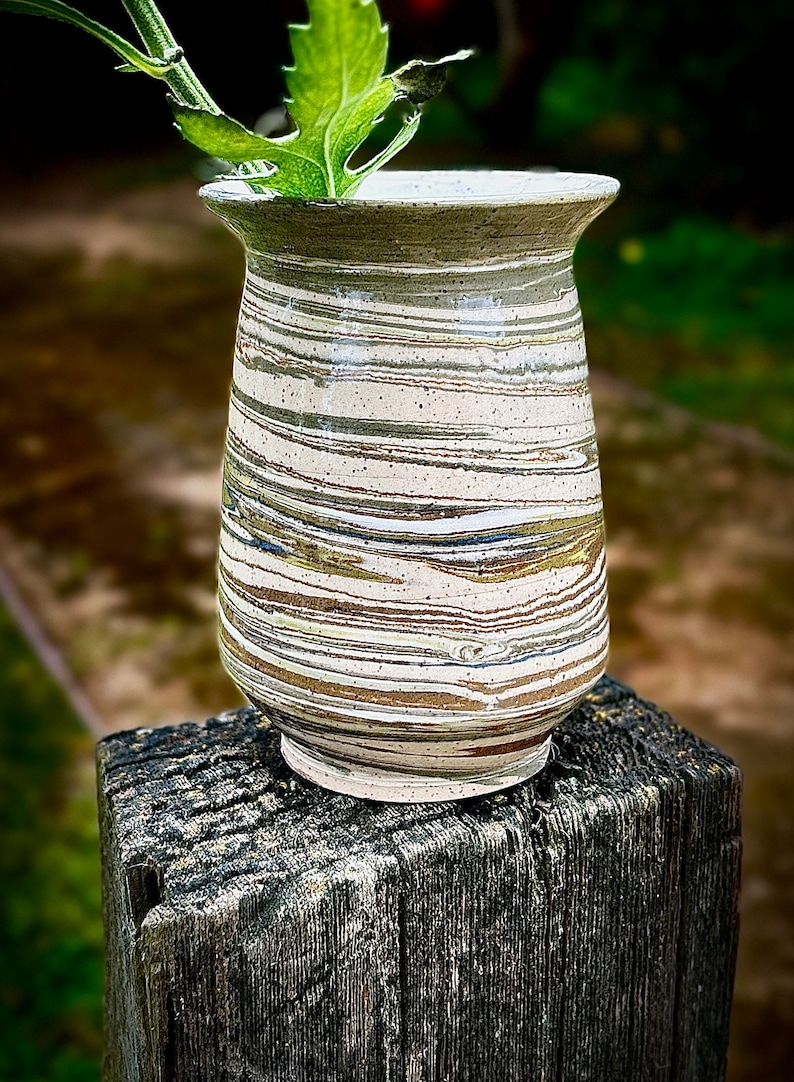 Marbled bud vase, small 4.75 H, handmade agateware clay, thrown on potters wheel with greens and dark blue, in earthy speckled white clay image 4