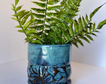 Hand-Carved Blue Glaze Planter with Tray: Wheel-Thrown Clay for Succulents