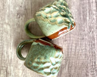Wheelthrown Celery Green 2-Tone Mugs (Pair): Hand Carved, Minimalist