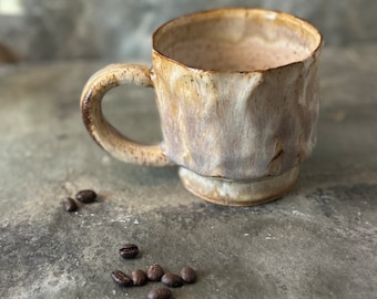 Handmade mug, natural off-white w/ toasted almond highlights, opalesque, rustic speckled clay, made on pottery wheel. Lead-free, non-toxic.