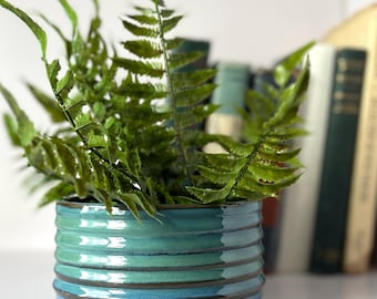 Ombré Blue-Green Wheel-Thrown Planter With Tray: Speckled Clay Succulent Pot