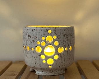 Handmade Ceramic Luminary: Speckled Bone White Clay, Starburst Carving