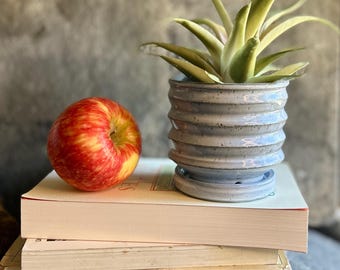 Modern Small Clay Planter: Wheel Thrown, Rustic Speckled Clay and Blue-White Glaze.