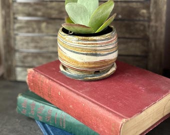 Handmade Micro Planter with Drip Tray: Custom Marbled Clay