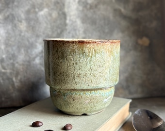 Ceramic stoneware mug 10oz speckled, light green/dusty orange, modern profile, non-toxic and lead-free. Handmade, wheelthrown. Free shipping