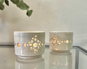 Handmade Ceramic Luminaries (pair): Bone White, Modern Starburst Design