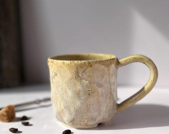 Handmade Speckled Clay Mug: Carved Texture, Oatmeal With White Highlights, Wheelthrown Pottery