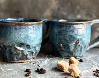 Handmade Ceramic Mugs (Pair): Denim Blue Glaze, Rustic Speckled Clay
