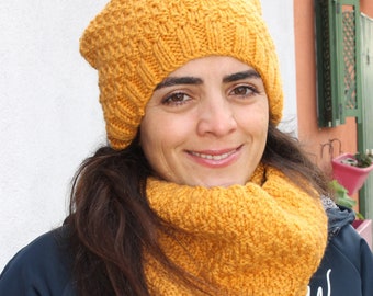 Yellow Fire Colored  Beanie Hat and Tube Scarf Set, Warm Winter Set, Gift for Her