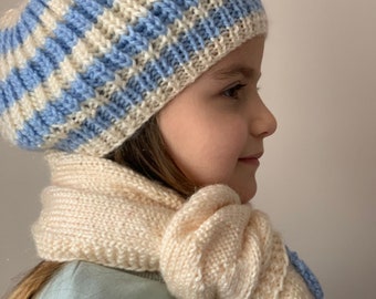 White and Blue Hand Knitted Winter Hat and Scarf Set for Children, Beret, Kids Scarf Set