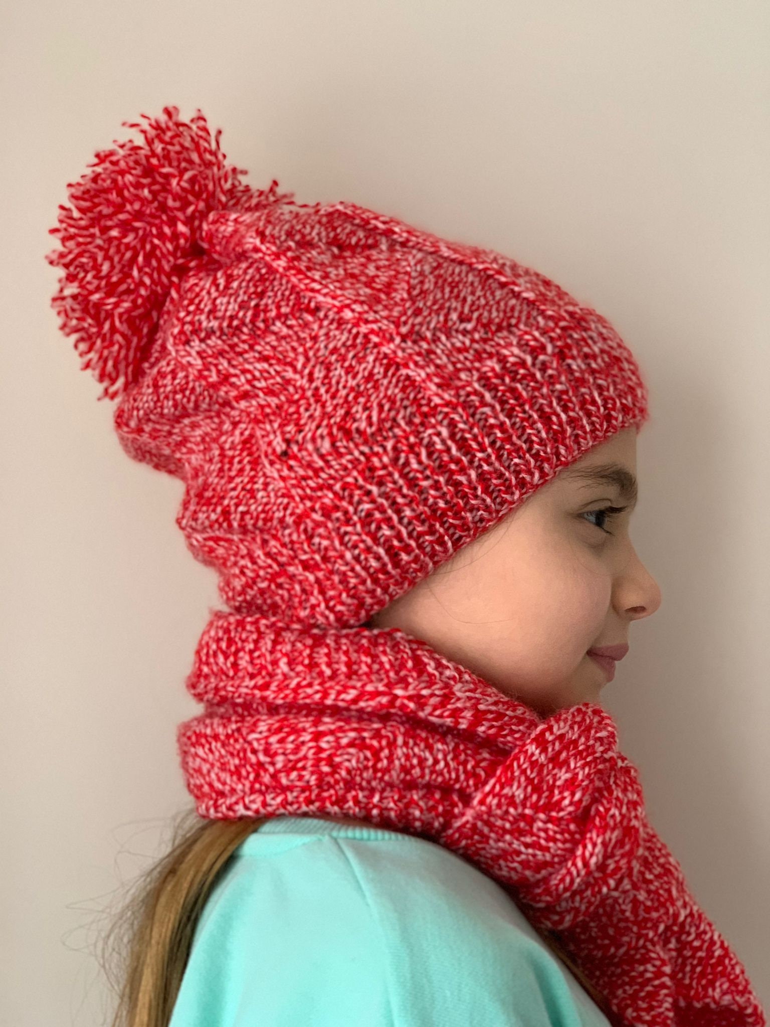 Red Knitted Scarf Bobble Hat Set Winter Warmer 