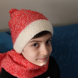Rot und Weiß gemischte farbige Wintermütze und Schal-Set für Kinder gestrickt, Winter Warme Mütze und Schal-Set für Kinder, Gorro con Bufanda