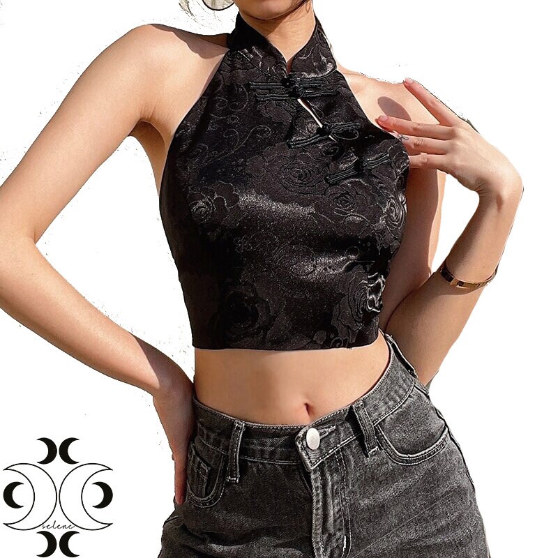 Elegant Jacquard Black Halter Top Backless Lace up Bow Gothic - Etsy