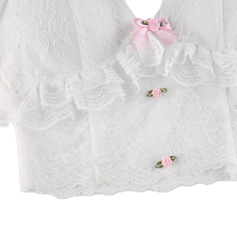 White Pink Corset Crop Top With White Lace and Floral Detail - Etsy