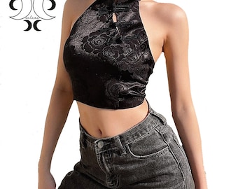Elegant Jacquard Black Halter Top  Backless Lace Up Bow  Gothic Crop Tops Chinese Style