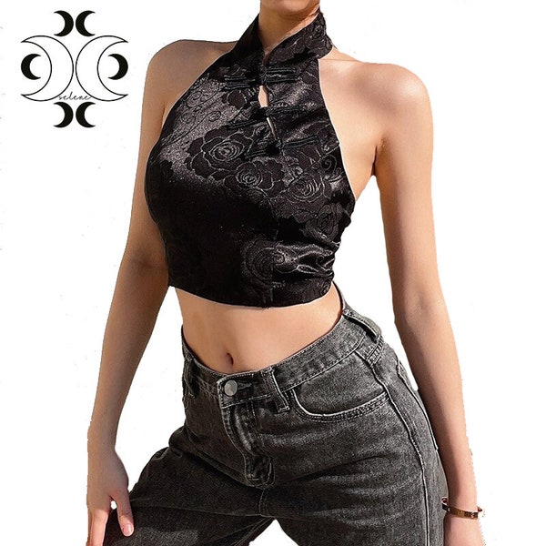 Elegant Jacquard Black Halter Top  Backless Lace Up Bow  Gothic Crop Tops Chinese Style