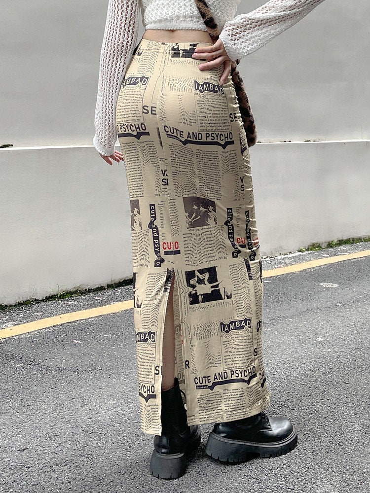 High Waist Long Skirt Newspaper Letter Print Women Slim Pencil - Etsy