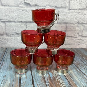 Vintage Ruby Red Glasses with Silver Handles, Set of 6