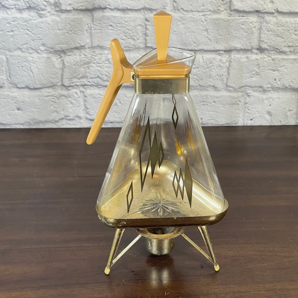 Vintage Golden Triangle MCM Carafe Coffee Pot with Gold Warmer Stand and Gold Diamond Design