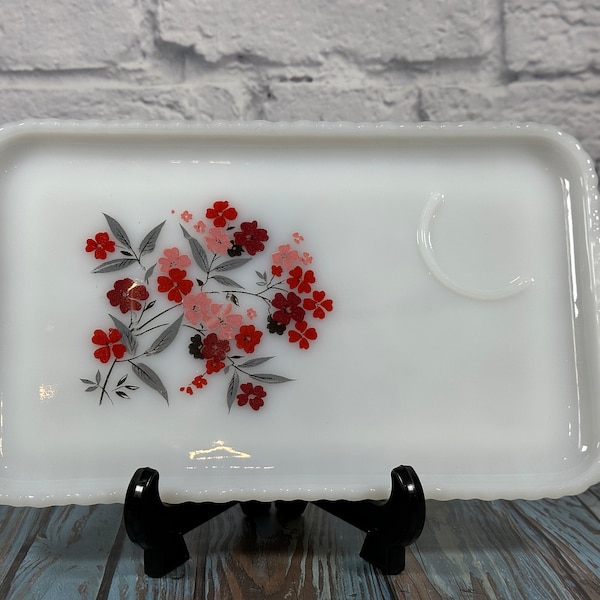 Vintage decorative milk glass rectangular serving plate with floral rose design