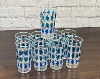 Vintage barware mid century glass tumblers with blue and green diamond pattern, set of 9